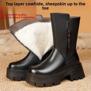 SHIPAILUO | Warm Fleece Lined Thick Waterproof Platform Ladies Genuine Leather Cotton Shoes Moms Wool Cotton Boots Womens Cotton Leather Boots Snow Mid-Calf Boots