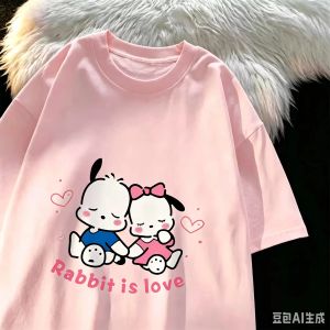Bandai | 2026 Childrens Cartoon Cute-style Puppy Short-sleeved T-shirt for Girls Round-neck Loose Fit Comfortable and Loose