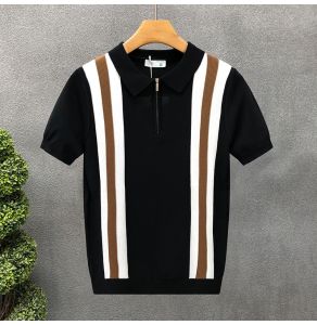 Summer Slim Fit Mens Polo Shirt Half Zip Knitted Ice Silk Short Sleeve Striped T-Shirt Fashionable Casual Top for Youth