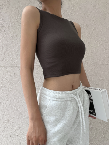 เสื้อกั๊กสั้นคอตั้งสไตล์ย้อนยุคสำหรับผู้หญิงในฤดูร้อน แขนกุด ดีไซน์เปิดหน้าท้อง เสื้อชั้นในแบบมีโครง ทรงเข้ารูป