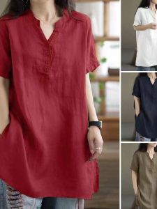 HUAXUNRAN | Slimming Comfort Cotton T Shirt for Mature Ladies V-Neck Short Sleeve