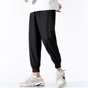 Ice Silk Mens Summer Thin Nine-Piece Cool Feeling Loose Casual Sports Long Pants Straight Leg Elastic Waist Pocket Decorated