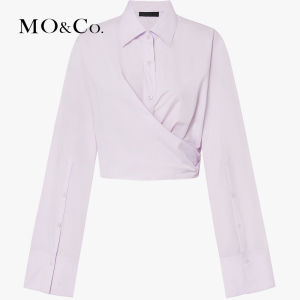 MoCo Cotton Short Shirt Glossy Finish High Waist Sleeve High Split Street Style Long Sleeve Button Closure Pure Color Shirt