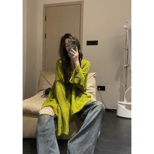 หลวม สีเขียว เสื้อสเวตเตอร์ถัก แขนยาว สไตล์เกาหลี ลำลอง ใส่สบาย ผู้หญิง พลัสไซส์ เสื้อท่อนบน ต้น ฤดูใบไม้ร่วง สไตล์สด
