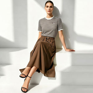 AMII | Summer Short-sleeved Round-neck Sparkling Color Stripe Ice Linen Blended Sweater Women Loose Top