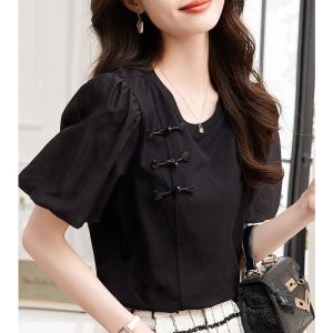 Elegant Chinese Style Short Sleeve T-Shirt with Button Design And Bubble Sleeves Unique Top for Women Retro Commute Pure Color