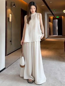 Linen Casual Loose Womens Set Sleeveless Vest Wide Leg Pants Conceal Belly Hide Fat Two-Piece Summer Elegant Style Fashion Set