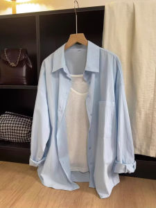 เสื้อเชิ้ตแขนยาวผู้หญิงสีน้ำเงินคอโปโลทรงหลวมสไตล์เกาหลี ผ้าฝ้ายแท้บาง ใส่ไปทำงานในฤดูร้อน ป้องกันแสงแดด เสื้อคลุมกันหนาว