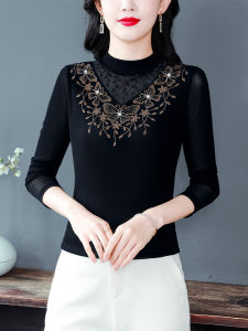 Black Mock-Neck Lace Mesh Bottoming Shirt for Women Fall and Winter Fancy Inner Match Small Shirt Western Style Ladieswear Velvet Hoodie