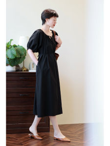 French Lazy Style Thin Loose Slim V-Neck Belted Black Bubble Sleeve Dress Summer New Large Swing Long Skirt Cotton Modal Fabric