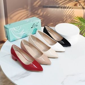 【GEVALE】Korean 1inch Gloosy Women Pointed Toe Block Heels Office Work Shoes