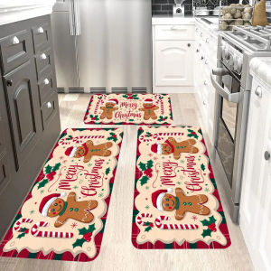 VIKAMA Cartoon Gingerbread Man Rug Soft and Slip-resistant Kitchen Floor Mat Entry Door Mat Merry Christmas Home Decoration