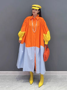 XITAO Contrast Color Patchwork Shirt Dress Loose Turn-down Collar Long Sleeve Dress LYD1529