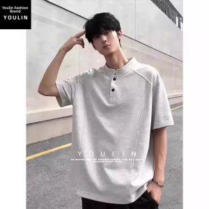 YOULIN | Patched American Style Henry Collar T-shirt