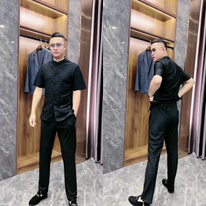 Summer Soft Tang Suit Outfit Two-Piece Mens Fashion Trendy Grace Chinese-Style Buckle Ethnic Large Size 22101