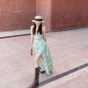 French Elegant Floral Print Halter Dress Women Summer Unique Green Split Beach Vacation Style Classy One Piece Dress