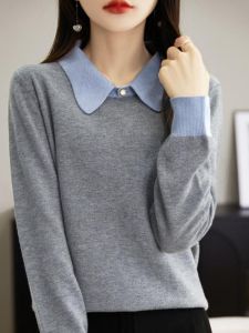 หลวม ผู้หญิง เสื้อสเวตเตอร์ถัก การเปิดลงชั้นฐานขนสัตว์ ปกเสื้อ ฤดูใบไม้ผลิ ฤดูใบไม้ร่วง ใหม่ 2024 สไตล์เกาหลี เดินทางแขนยาวพอดีปกติ