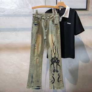 Chân Thẳng Hạng Nặng Thon Gọn Viền Gợn Sóng In Ngọn Lửa Chiều Dài Sàn Quần Jean Nam Nữ Micro Cổ Điển Đã Giặt Được Làm Ơn Denim Quần