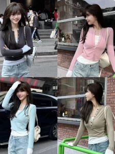 Slimming Effect Color Block Base Layer Shirt T-Shirt Top Womens Fashion Korean Style Pure Cotton Long Sleeve Half Open Collar