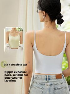 Miiow | MiiOW Womens U-Shape Seamless Backless Tank Top Bra Set With Chest Pad Cool Feeling White Belly-Baring Top Strap Vest