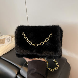 Autumn Winter Plush Ladies Crossbody Bag Chain Strap Casual Fashion Flip Cover Soft Polyester Lined Magnetic Buckle Closure