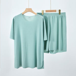 ชุดนอนผ้าไหมน้ำแข็งฤดูร้อนสำหรับคู่รัก แขนสั้น น้ำหนักเบา เสื้อผ้าใส่อยู่บ้าน ชุดนอนผู้ชาย ชุดนอนผู้หญิง เสื้อผ้าอยู่บ้าน