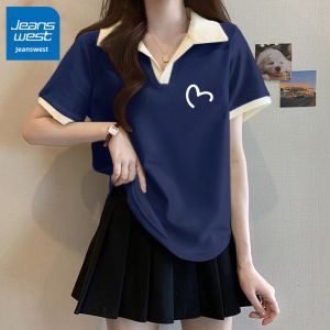Jeanswest | Navy Polo-collar Cotton T-shirt for Women
