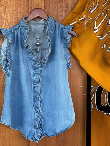 Áo Sơ Mi Denim Không Tay Rộng Rãi Viền Xếp Ly Phong Cách Đường Phố Mùa Hè Áo Sơ Mi Nữ Chất Liệu Khác Cài Nút