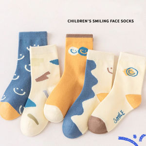 5 Pairs Cotton Solid Children Boys Half Socks Letter Smiling Pattern Comfotable Sweat Absorbing Elastic Socks for Kids Girls
