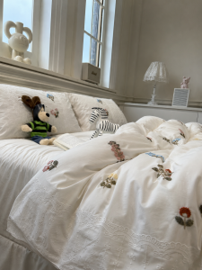 MANSHIAN | Embroidered & Lace Water Washed Cotton Bedding Set