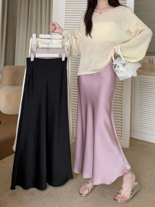 Fishtail Fashion Womens Maxi Long Skirt High Waist Muslim Pencil Ancle Silk Skirts Causal Plain Color Clouthes Loose Plus Size A-Line #A113