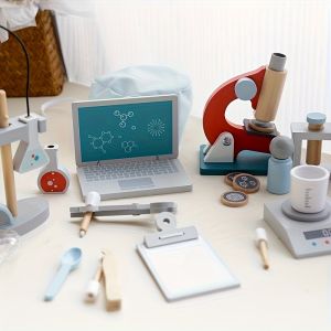 Wooden Scientist Kit - STEM Educational Toy Set with Laptop Microscope Beakers and Other Wooden Role-Playing Educational Toys