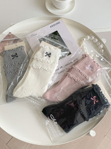 Bowknot สีชมพู ถุงเท้าถึงกลางน่อง ถุงเท้า ผู้หญิง ฤดูใบไม้ผลิ ฤดูใบไม้ร่วง Earlet ลูกไม้ รัฟเฟิล ถุงเท้ายาวเกินเข่า ถุงเท้าสไตล์บัลเล่ต์เกาหลีญี่ปุ่น Jk น่ารัก ถุงเท้า