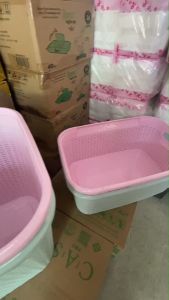 ตะกร้าผ้าพลาสติก 55 ลิตร ลายหวาย สีพลาสเทล ทรงเตี้ย  แข็งแรง เนื้อหนา พร้อมส่ง