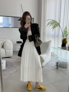 Summer 2025 Womens A-Line Midi Skirt Pleated Chiffon Slimming Versatile White Skirt High Waist Commute Style Thickened Mid-Length