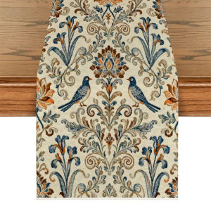 VIKAMA Retro Linen Table Runner Morris Plant Print Classic Art Style Afternoon Tea Studio Table Decoration