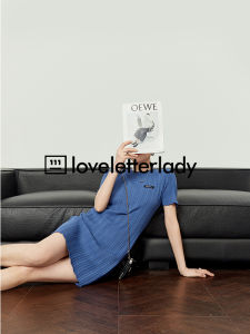 New 2025 Klein Blue Knitted Dress round Neck Short Sleeve Womens High Waist Soft Summer T-Shirt Dress H-Shape Gauze Skirt