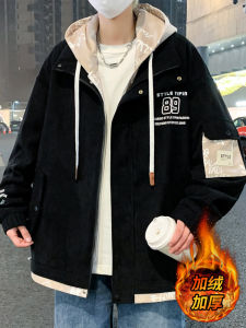 Casual Mens Jacket Fake Two-Piece Workwear Style Spring Autumn Trendy Brand Youth Fashion Polyester Fiber Long Sleeve Zipper Closure