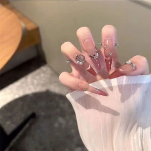 Ins Ice Transparent Sakura Red Cat Eye Long Sharp Pure Desire High-End Handmade Wearing Beauty Nail Art Glitter Diamond