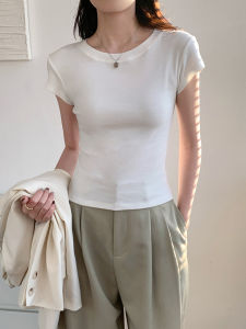 White round Neck Short Sleeve T-Shirt Womens Summer Slim Fit Basic Short Length Regular Shoulder Top Casual Style Pure Color