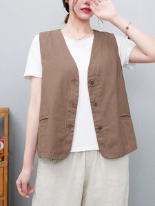 Summer Thin Cotton Linen Vest Womens Commute Outerwear V-neck Sleeveless Shoulder Pad Small Size Casual Linen Top