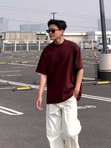 Red Wine Color American Retro Mens T-shirt Cotton Pure Short Sleeve Cleanfit Heavy Half Sleeve Summer Fashion Casual Top