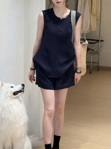 Shalldoer | Korean Style Fashionable High Waist Wide Leg Sleeveless Round Neck Vest And Shorts Set For Women Summer Season Casual Wear