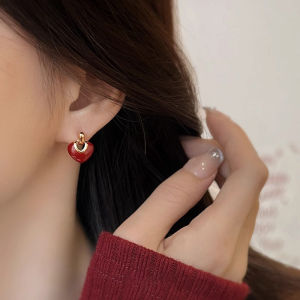 Red Love Heart New Years Drop Glaze Pure Silver Needle Earrings Womens Fashion Jewelry Fresh out Original Design Luxury Small Audience