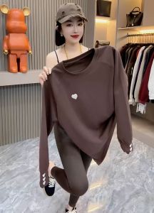 Street Style Long Sleeve T-Shirt Women Loose round Neck Mid-Length Embroidered Cotton Autumn New Arrival Fashion Casual Top