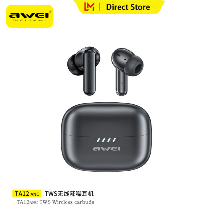 Awei TA12 ANC ENC Earphone with Mics Bluetooth Heavy Deep Bass HD  Call Wireless Earbuds -35dB Active Noise Cancelling Semi In Ear Earpieces 