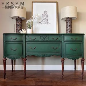 French Style Vintage Engraving Entrance Cabinet Solid Wood Distressed Hallway Storage Curio Cabinet Wall Sideboard Cabinet Master Bedroom Storage Cabinet