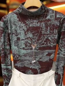 High-End Womens Long Sleeve Thermal T-Shirt Half High Collar Fashionable Korean Style Printed Casual Top for Autumn
