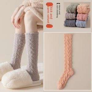 Heattech Calf Socks Womens Fall and Winter Fleece-lined Thickened Knee-Length Stockings Coral Fleece Home Sleep Socks Mid-Calf Socks