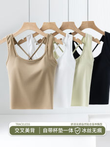 Ice Silk Yoga Vest Womens Cross Back Bra Padded Large Size Sports Top Summer New Style 2025 Backless Nylon Spandex Blend